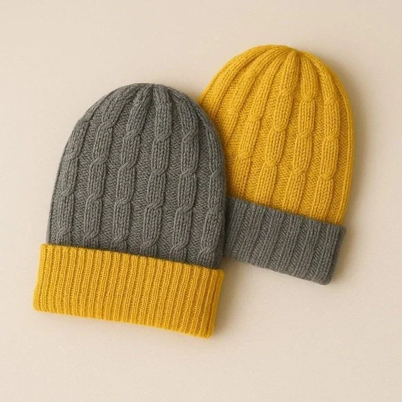 Peruvian Soul Baby Alpaca Beanie Hat Reversible Gray Yellow Ribbed‎ Knit Winter