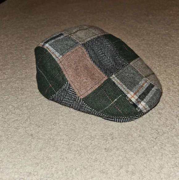 Patchwork Wool Flat Cap - Green Brown Gray - Unbranded