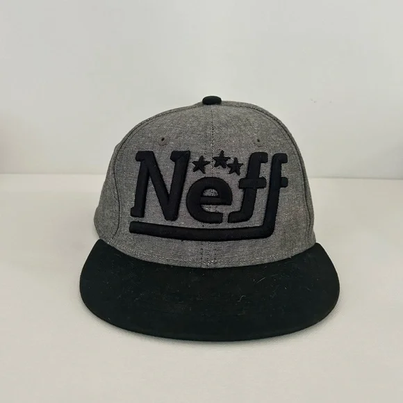 Neff Snapback Hat Mens Grey Black Embroidered Logo Flat Brim‎ Baseball Cap OSFM