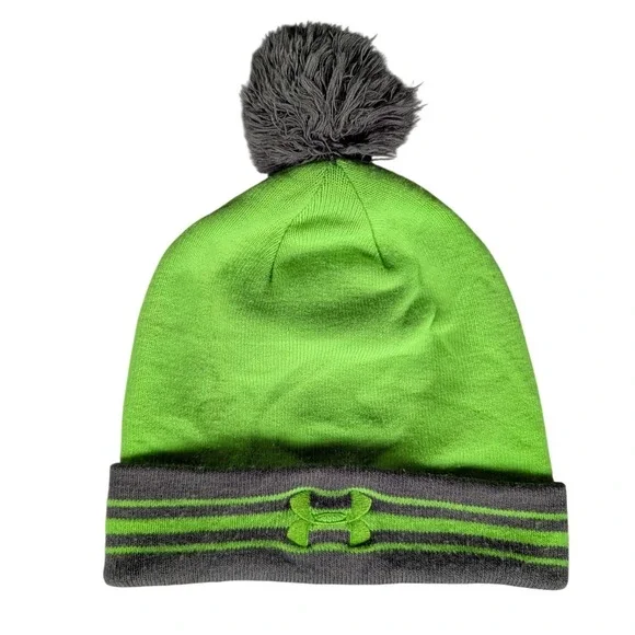 Under Armour Beanie Neon Green Charcoal Grey Cuffed Pom Pom Knit Hat OSFA‎