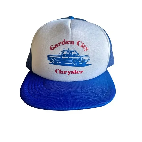 Vintage Garden City Chrysler Trucker Hat Blue White Mesh Snapback Debroni's Ltd.