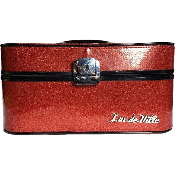 Lux de Ville Red Glitter Vanity‎ Case Leopard Print Retro Pinup Makeup Trunk Bag