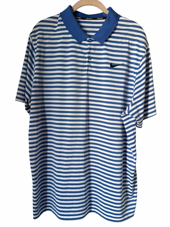 Nike Dri-FIT Blue & White Striped Polo Golf Shirt Athletic Lightweight
