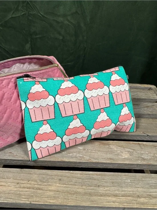 Cupcake Print Turquoise Pink Canvas Zip Pouch and Pink Velvet Zip Pouch Pair