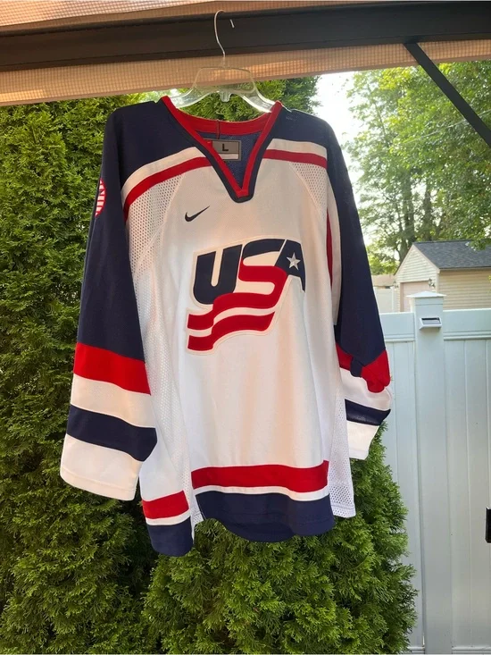 Vintage Nike Team USA Hockey Jersey White Red Blue Size Large