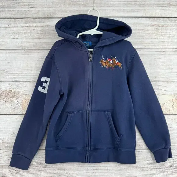 Polo‎ Ralph Lauren Pony Embroidered Full Zip Hoodie Youth Boys 7 Navy Blue