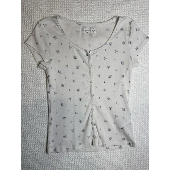 Abercrombie Kids Floral Ribbed Henley Top Ivory Blue Girls Size 13/14 Stretch