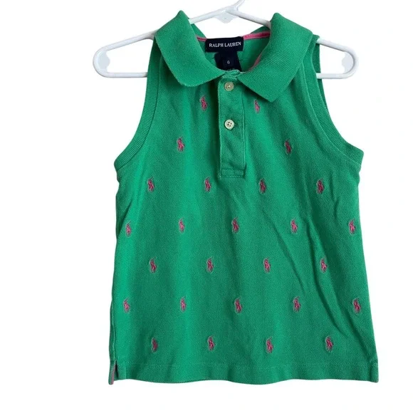 VTG Y2K Ralph Lauren Kids Green Pink all‎ Pony Logo Sleeveless Polo Shirt 6 Prep