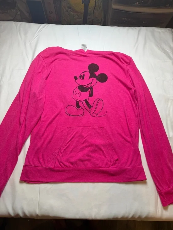 Disney Hot Pink Lightweight Pullover with Hood Black Mickey Distressed Junior XL