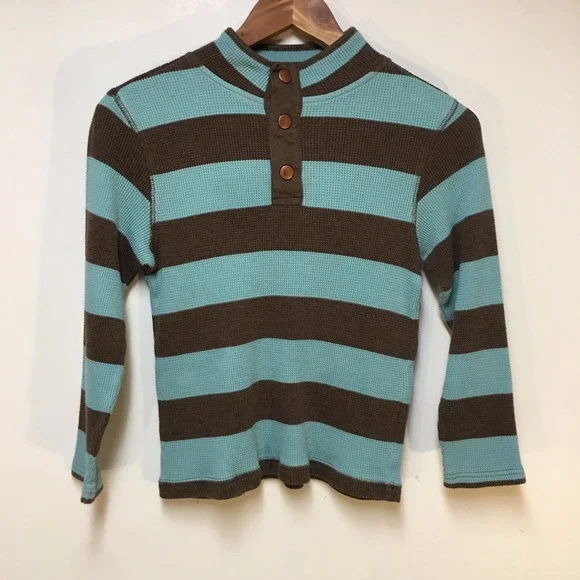 Gymboree Sweater Boys Sz 8 Blue Brown Striped Waffle Knit Thermal Henley Mock