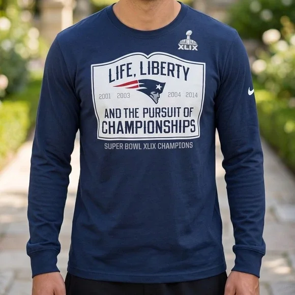 Nike New England Patriots Super Bowl XLIX Champions Long Sleeve Navy Blue Shirt‎