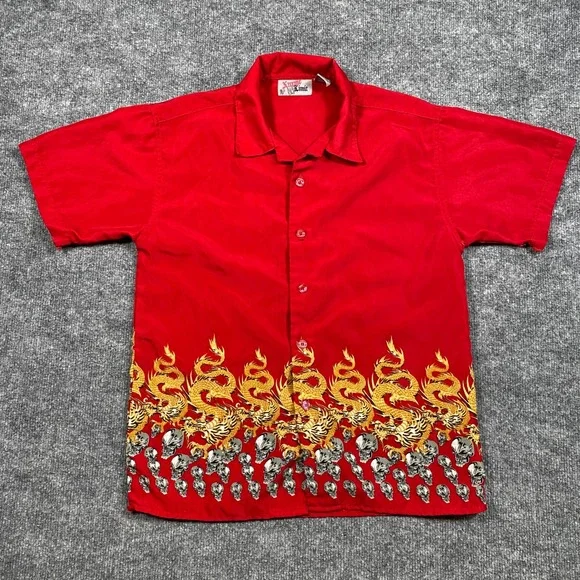 Xtreme Limit‎ Red Dragon Skull Graphic Button Down Shirt Mens Medium 10/12 Y2K