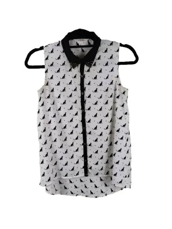 Love Me I'm Gorgeous White Black Cat Print Collared Sleeveless Button Down Top