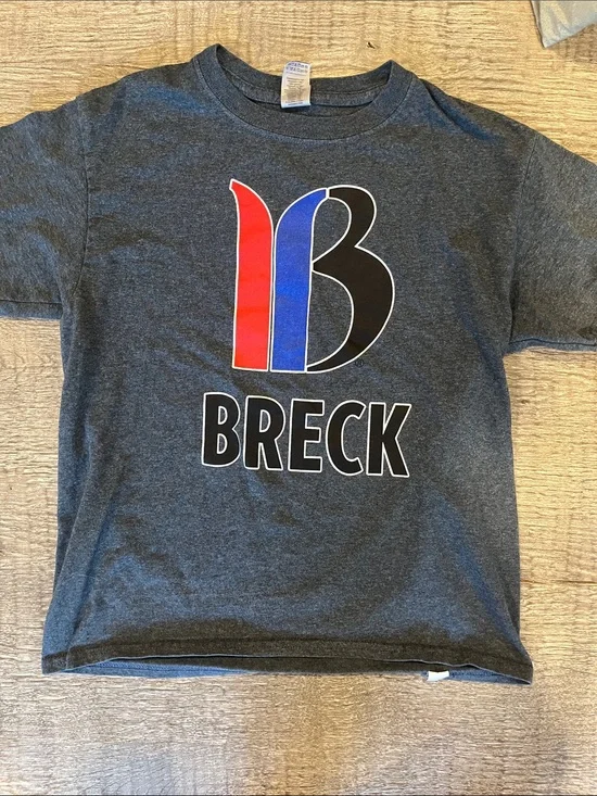 Gildan Charcoal Tee with Red, Blue & Black Breck Logo