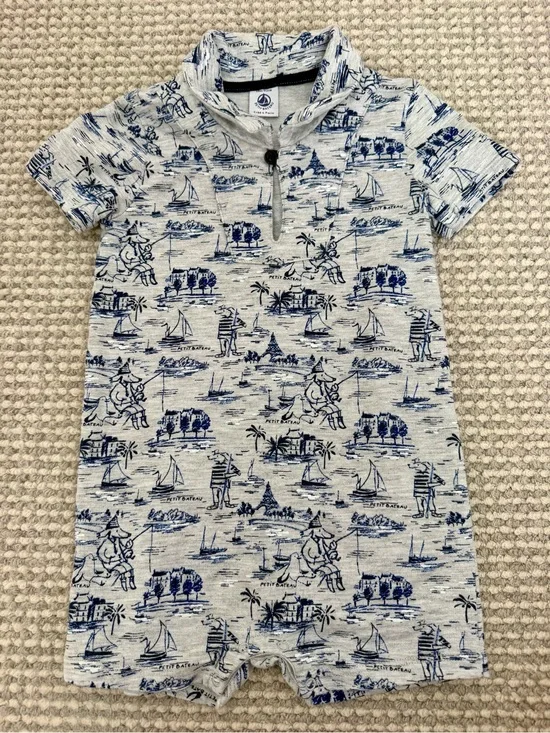 Petit Bateau Blue, Gray and White Nautical Print Short-Sleeved Romper 18 months