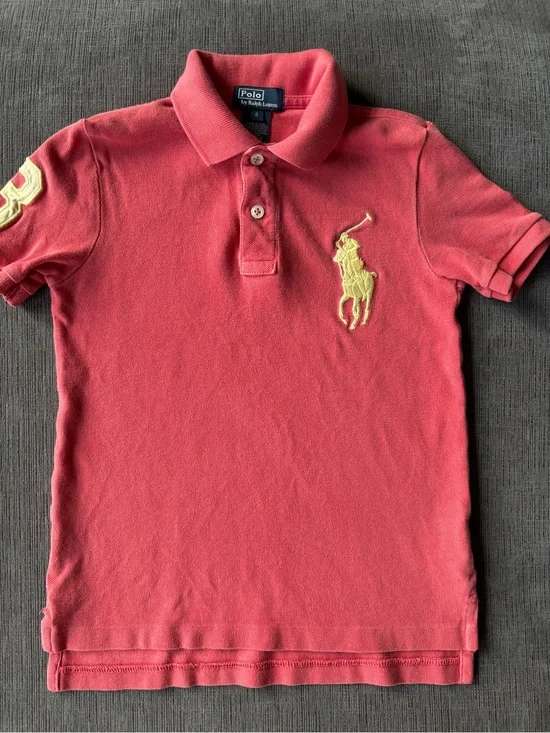 Polo Ralph Lauren Boys Big Pony Cotton Mesh Polo Shirt -Coral Pink Yellow Size 6