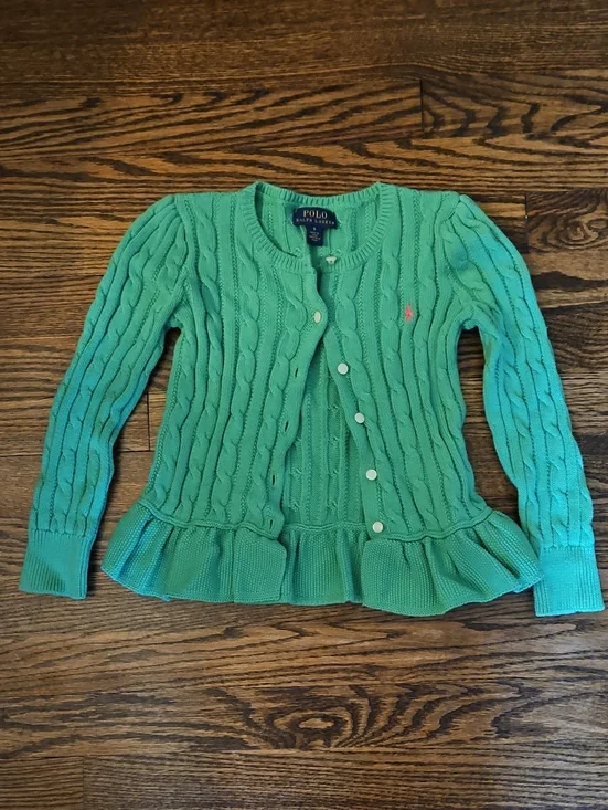 Polo by Ralph Lauren Green Cable-Knit Ruffle Hem Sweater