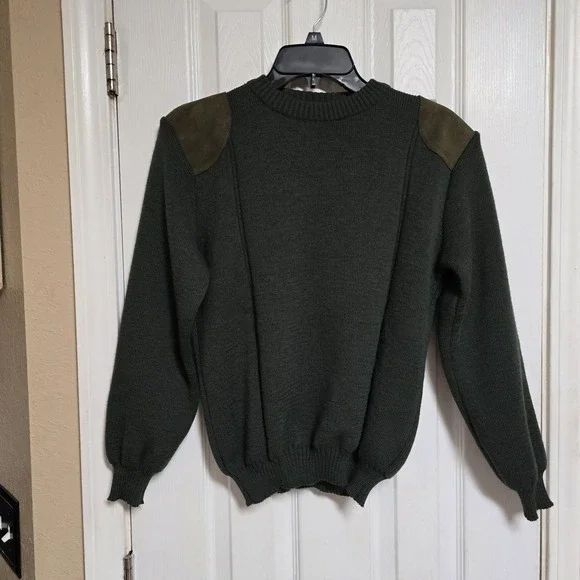 WOOLYBACK Crew‎ Neck Pure Wool Thick Chunky Sweater Suede Patches England  11/12