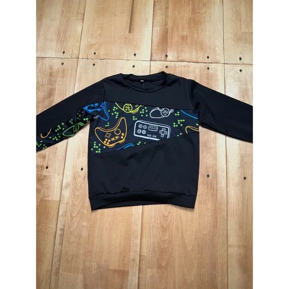 Kids Gaming Controller Print Long Sleeve Pullover Sweatshirt‎ Black