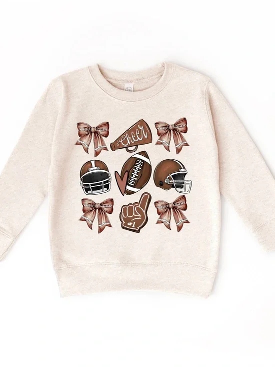 NWT Football Cheer Bow Kids Sweatshirt Game Day Youth Pullover Heather Oat