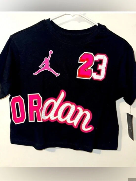 Jordan Black Cropped Tee with Pink Graphic Accents NWT