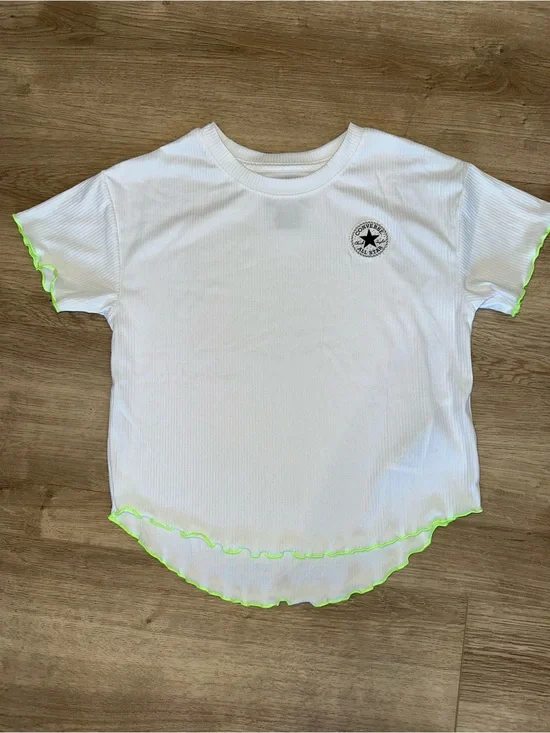 Converse White Ribbed Tee with Neon Green Lettuce Trim - Kids