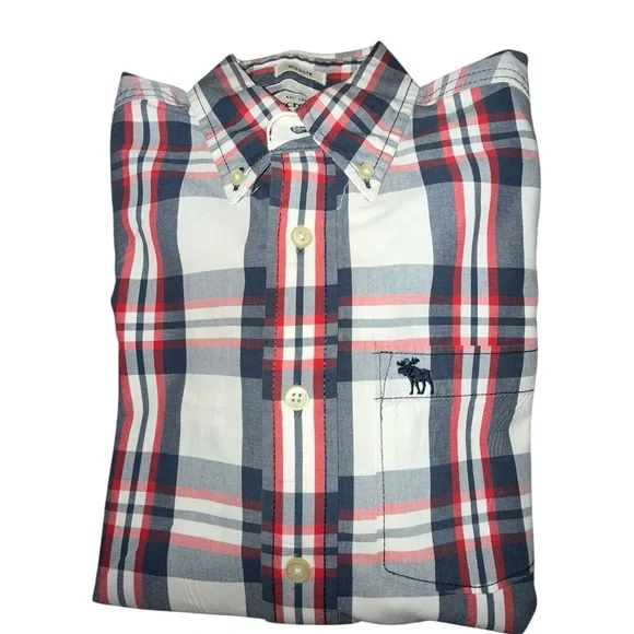 Abercrombie & Fitch Cotton Red White and Blue Button-Down Plaid Shirt Size XL