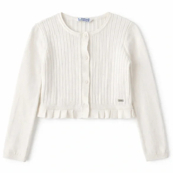 Mayoral | Ribbed Knit Cropped Cardigan with Ruffle Hem | Size 4