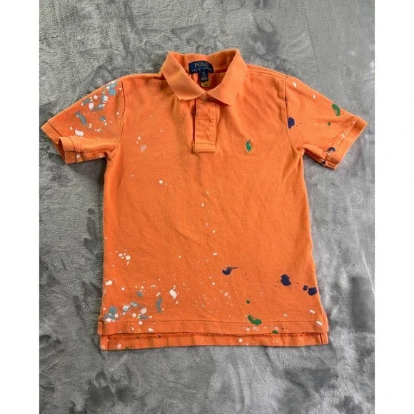 Polo Ralph Lauren Boys Size 8 Orange Paint Splatter Short Sleeve Shirt