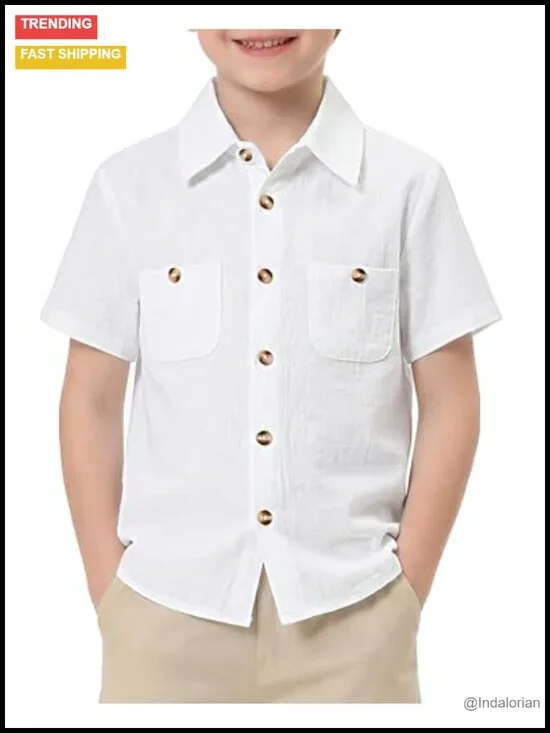 Boys Button Down Short Sleeve Shirt Cotton Collared Shirt with Pockets