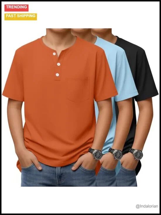 3 Pack Boys Short Sleeve Henley Tees with Pocket Cotton Blend Stretch