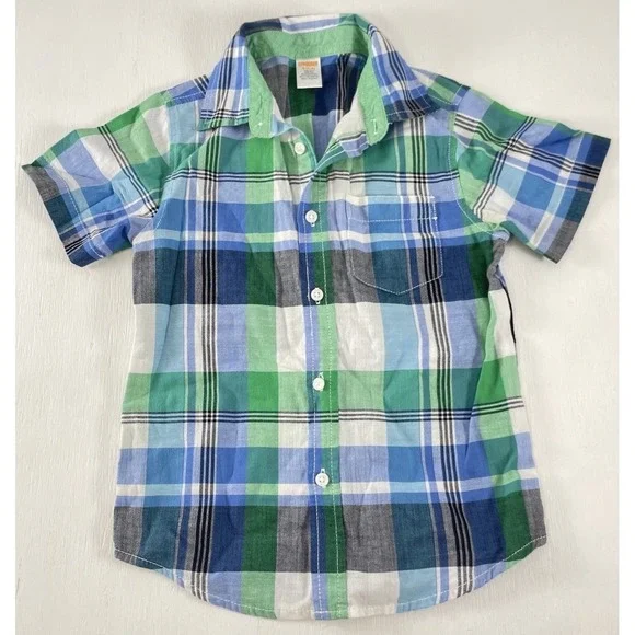 Gymboree Summer Picnic Boys Short Sleeve Button Down Plaid Shirt‎ Size Small 5/6