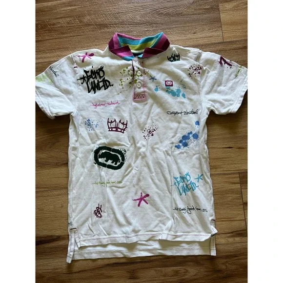 Ecko Unltd Polo Shirt Kids Sz 7 White‎ Graffiti Print Rhino Logo Streetwear 1608