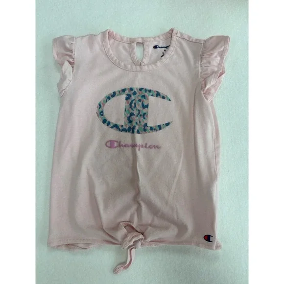 Champion Girls Pink Graphic Logo Ruffle Sleeve Keyhole Neck T-Shirt Size 4t