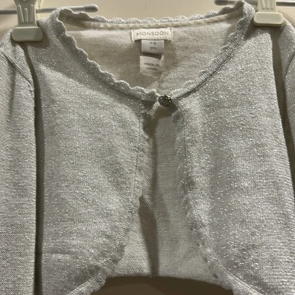 Monsoon SPARKLY SHRUG rhinestone button scalloped trim long sleeve size 7-8 yrs