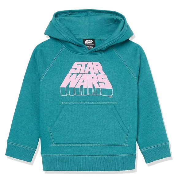 Amazon Essentials Teal Pullover Hoodie with Pink Star Wars Logo