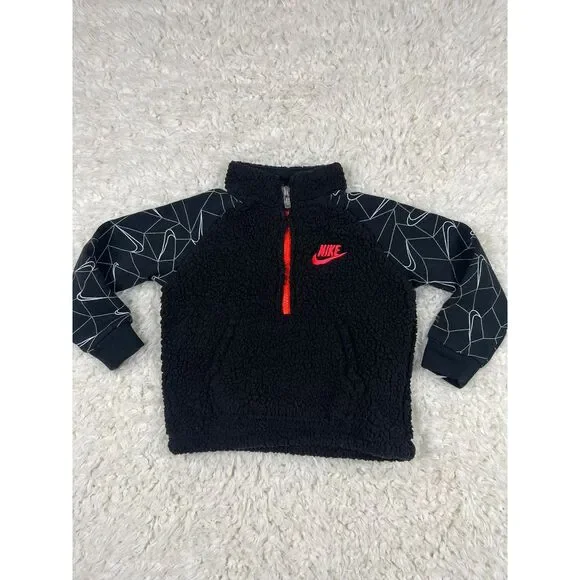Nike Sherpa Fleece Quarter Zip Pullover Geometric Print Sleeves‎ Black Red 24M