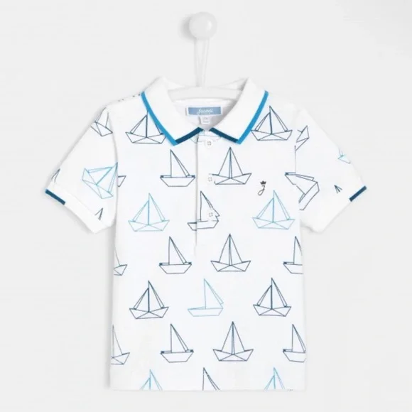 Jacadi Boys White Pique Knit Polo Shirt with Blue Sailboat Print - Size 12M
