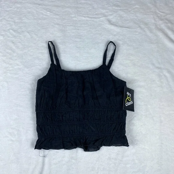 Art Class Tank Top Girl M Black Embroidered Floral Ruched Waist Adjustable Strap