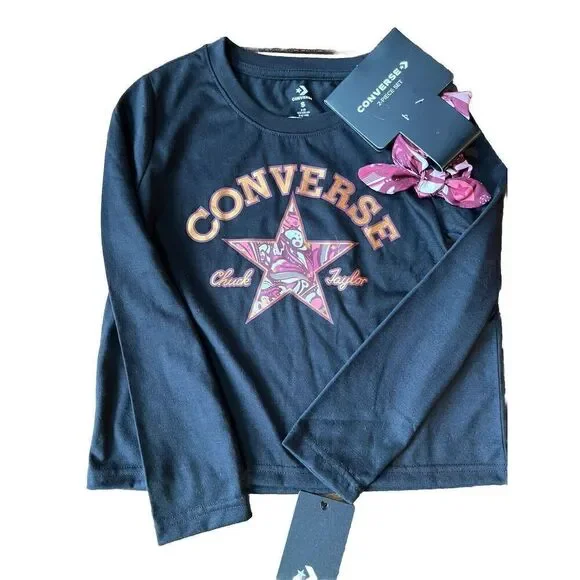 Converse Girls  2 Piece Black Long Sleeve Top  Size S and Scrunchie