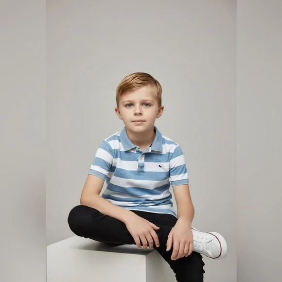 H & M L.O.G.G. polo shirt boy 6-8 years white/blue striped collar buttons cotton