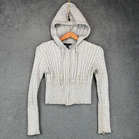 Forever 21 Kids Gray Cable Knit Zip Up Cropped Hoodie Sweater Size‎ Small