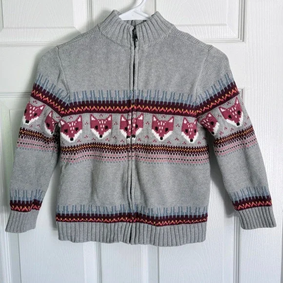 Tea Collection Zip Up Sweater Size 6-7 Gray Fox Fair Isle Cotton Cardigan