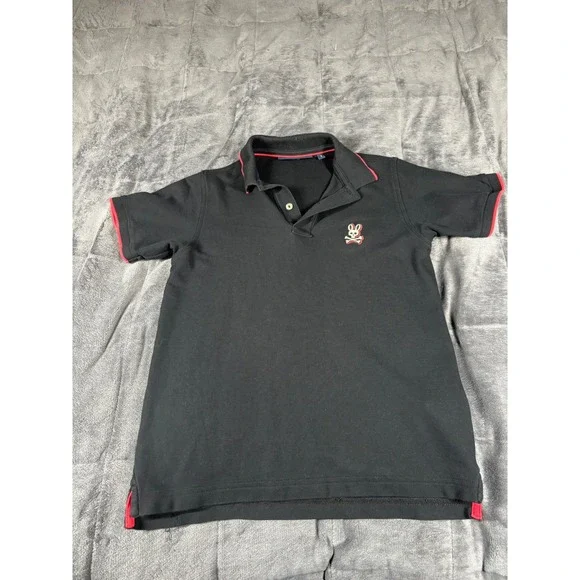 Psycho Bunny Kids Black Red Tipped Short Sleeve Polo Shirt Size L 14-16