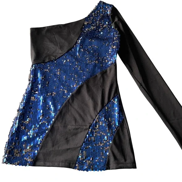 Alexandra Collection One Shoulder Tunic Girls Large Blue Sequin‎ Dance Costume