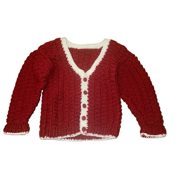 VTG Hand Knit Girls Red Sweater Cardigan Button Chunky Christmas Sz L T-9