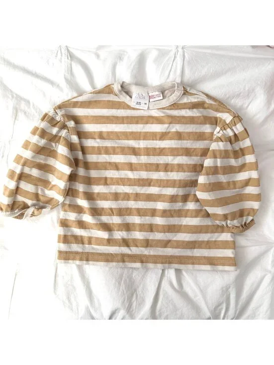 Zara Yellow and Cream Striped Balloon Puff Sleeve Top