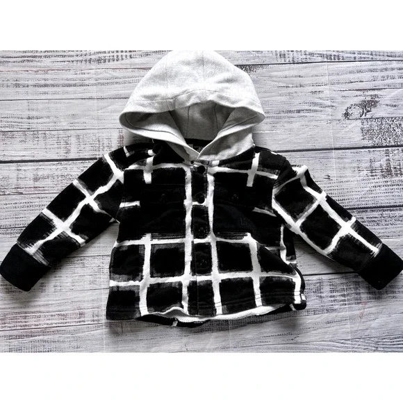 Little Bipsy Hooded Button Down Kids Black White Grid French Terry 12-18M