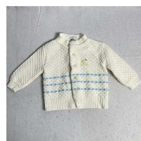 Vintage Doe Spun Kids Layette Cream Blue Duck Embroidered Knit‎ Cardigan Sweater