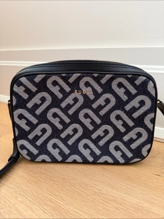 Furla Black and Gray Jacquard Crossbody Logo Bag